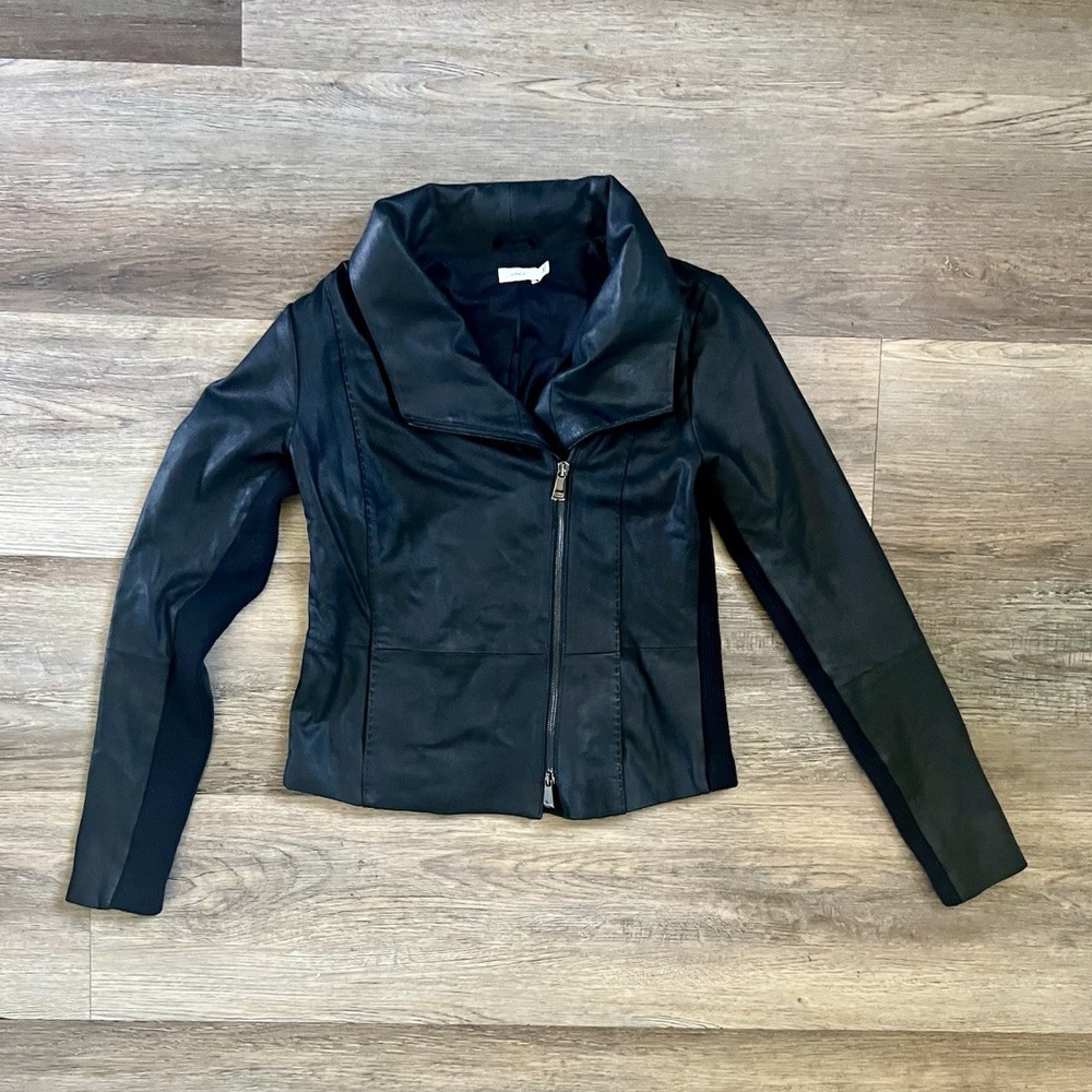Vince Womens S Goat Leather Jacket Black Merino Wool Asymmetrical Moto Zip